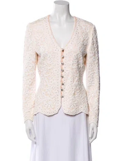 Pre-owned St John Lace Pattern V-neck Button-up Top In Neutral