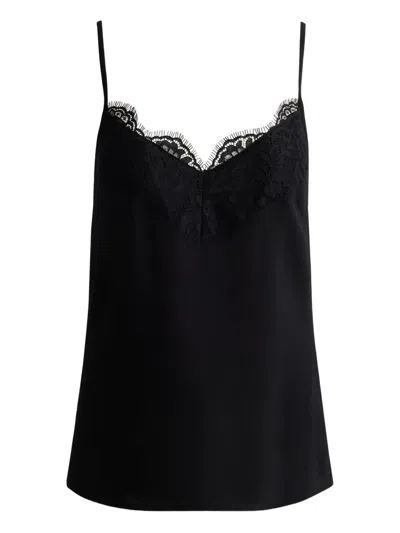 St John Lace-trimmed Silk Top In Black