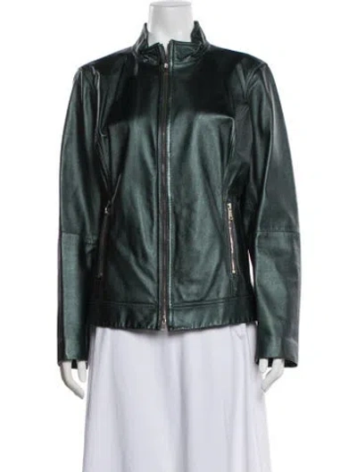 Pre-owned St John Lamb Leather Biker Jacket In Green