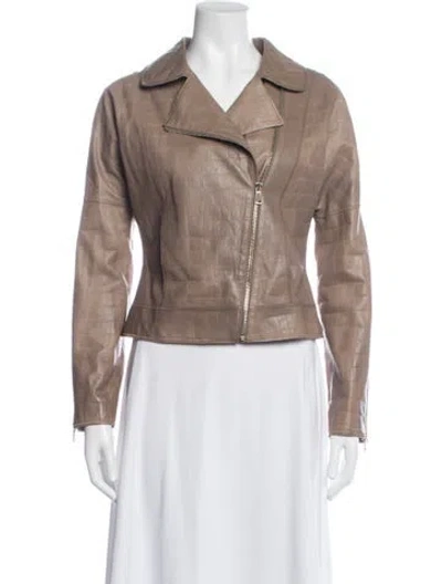 Pre-owned St John Lamb Leather Tweed Pattern Biker Jacket In Neutrals