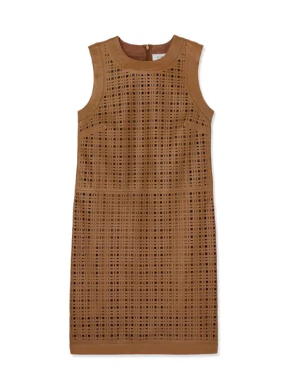 St John Laser Cut Leather Shift Dress In Saddle