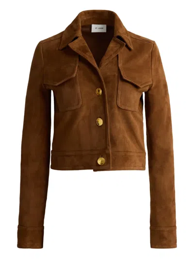 St John Laurel Gold Button Suede Jacket In Brown