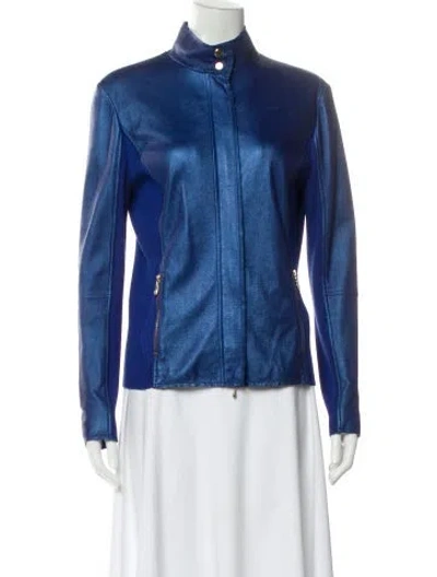 Pre-owned St John Leather Biker Jacket In Blue