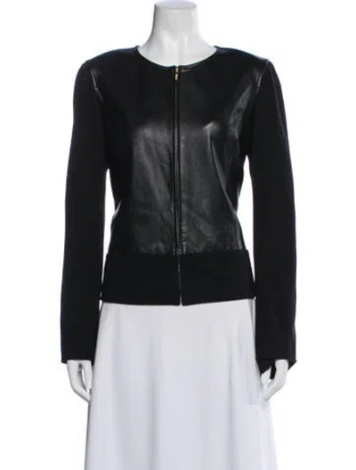 Pre-owned St John Leather Biker Jacket In Blue