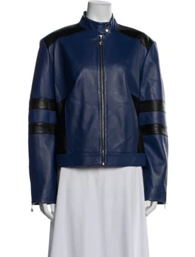 Pre-owned St John Leather Biker Jacket In Blue