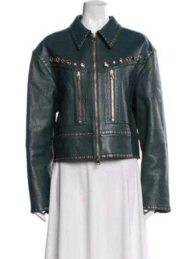 Pre-owned St John Leather Biker Jacket In Green