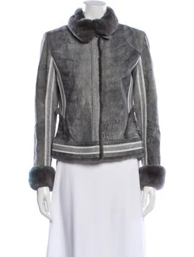 Pre-owned St John Leather Colorblock Pattern Faux Fur Jacket In Gray