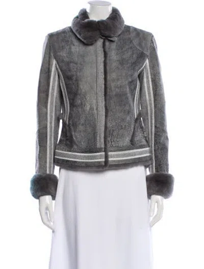 Pre-owned St John Leather Colorblock Pattern Faux Fur Jacket In Gray