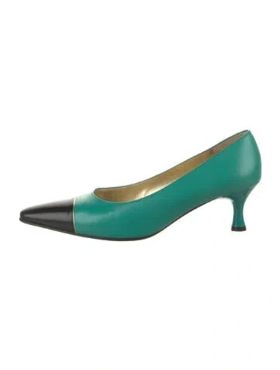 Pre-owned St John Leather Colorblock Pattern Pumps In Green