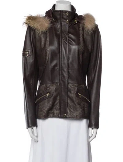 Pre-owned St John Leather Fur Jacket In Brown