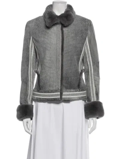 Pre-owned St John Leather Fur Jacket In Gray