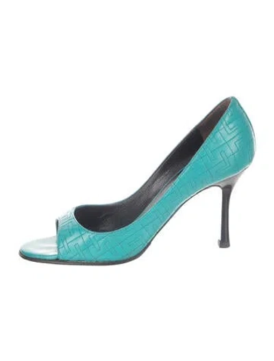 Pre-owned St John Leather Patterned Sandals In Blue