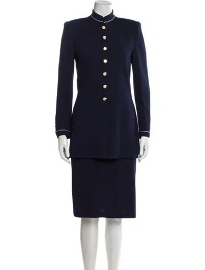 Pre-owned St John Leather Trim Embellishment Skirt Set In Blue