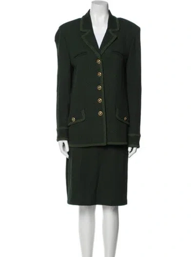 Pre-owned St John Leather Trim Embellishment Skirt Set In Green