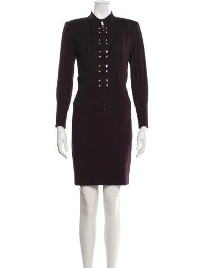 Pre-owned St John Leather Trim Embellishment Skirt Set In Purple