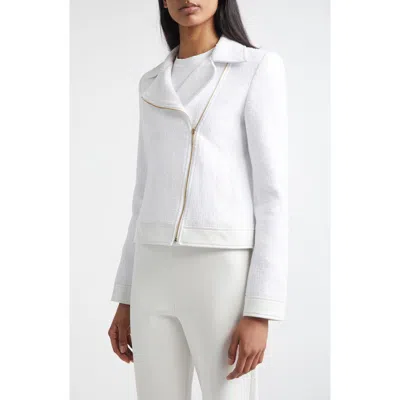 St John St. John Leather Trim Matte Cotton Tweed Zip Jacket In White