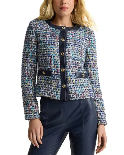 St John Leather Trim Tweed Jacket In Blue