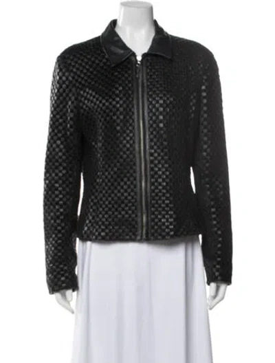 Pre-owned St John Leather Tweed Pattern Jacket In Black