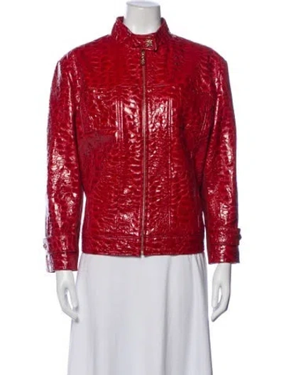 Pre-owned St John Leather Tweed Pattern Jacket In Red