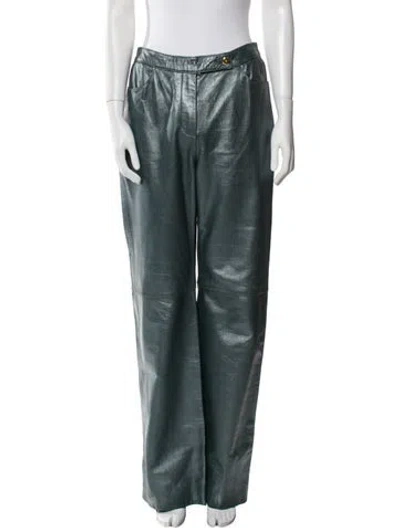 Pre-owned St John Leather Wide Leg Pants In Green