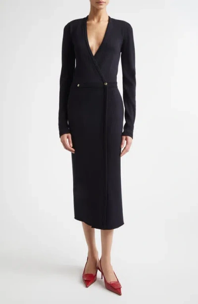 St John St. John Legacy Wool Blend Crepe Faux Wrap Sweater Dress In Black