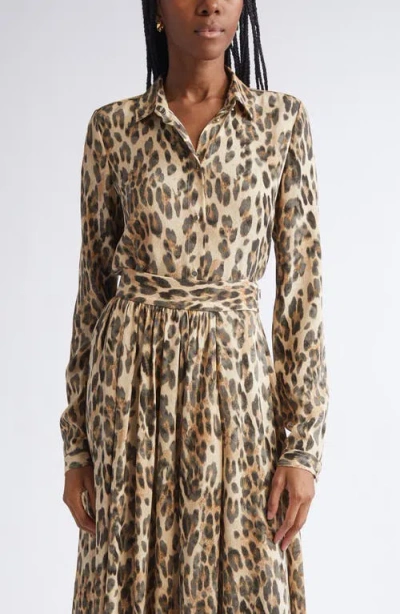 St John St. John Leopard Print Silk Georgette Button-up Shirt In Brown