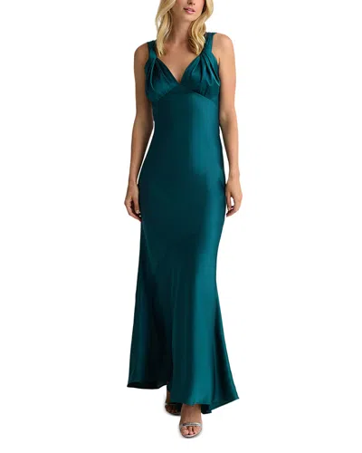 St John Liquid Satin Deep V Gown In Gray