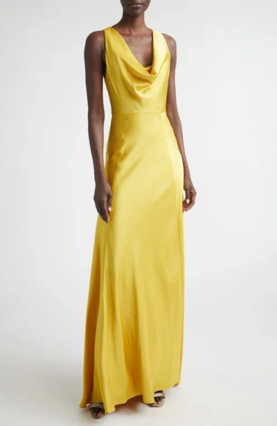 St John Liquid Satin Cowl Neck Dress In Yellow