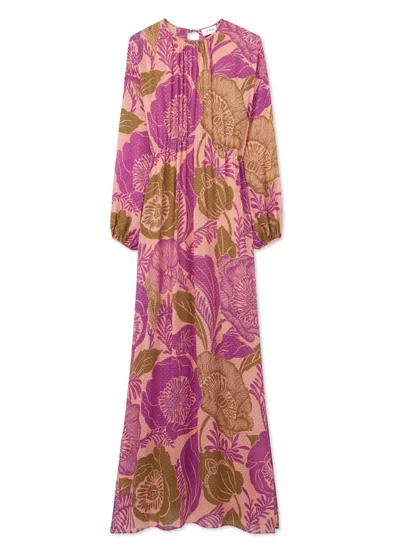 St John Long Sleeve Poppy Print Dress In Bright Coral Multi
