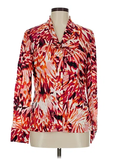 Pre-owned St John Long Sleeve Silk Top Ivory Animal Print Pattern Tie Neck Tops In White