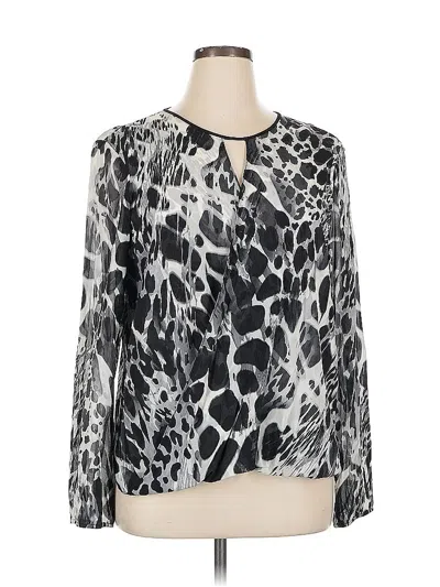 Pre-owned St John Long Sleeve Silk Top Silver Animal Print Pattern Keyhole Neckline Tops