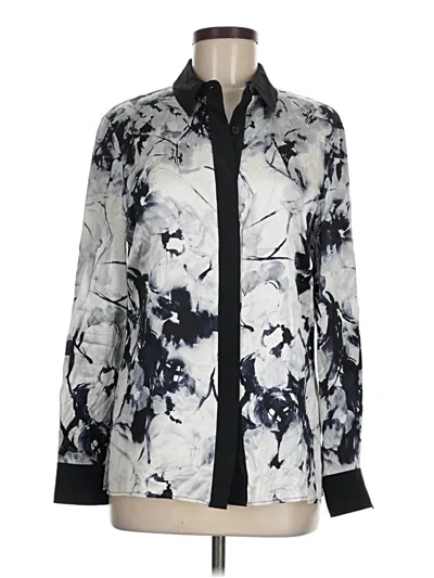 Pre-owned St John Long Sleeve Silk Top Silver Floral Pattern Mock Neckline Tops