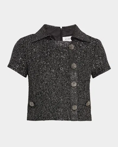 St John Lurex Knit And Signature Stretch Sequin Knit Collar Jacket W Decorative Buttons In Black