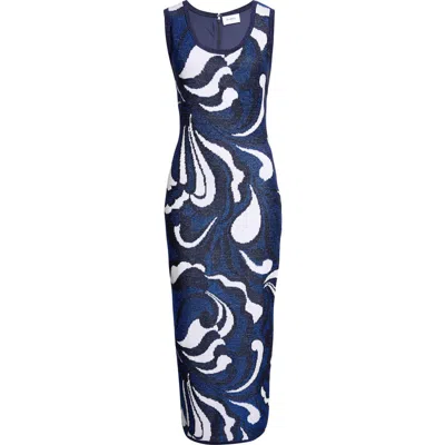 St John St. John Lynn Metallic Scroll Jacquard Sweater Dress In Blue