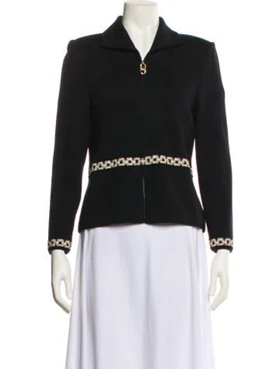 Pre-owned St John Merino Wool Colorblock Pattern Blazer In Black