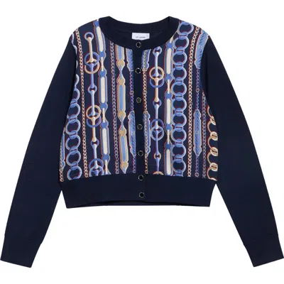 St John St. John Mixed Media Merino Wool Blend Cardigan In Blue