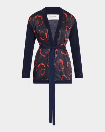 St John Mixed-media Vintage 50s Floral-print Wrap Cardigan In Midnight/geranium