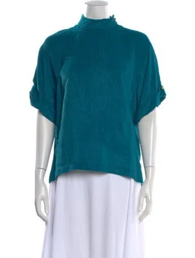 Pre-owned St John Mock Neck Short Sleeve Top In Blue