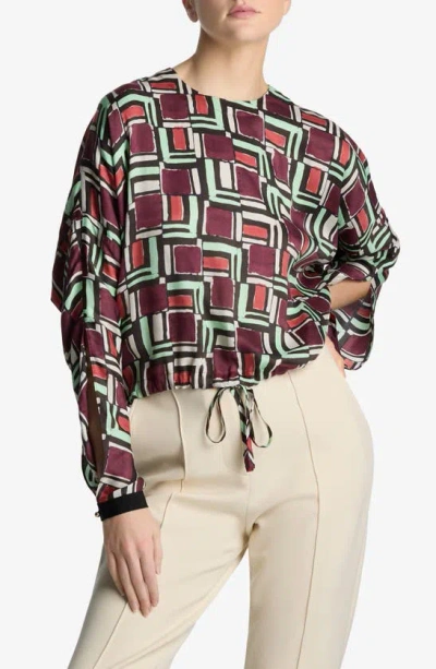 St John Painted Geo-print Dolman-sleeve Drawstring Crop Top In Dark Claret Multi