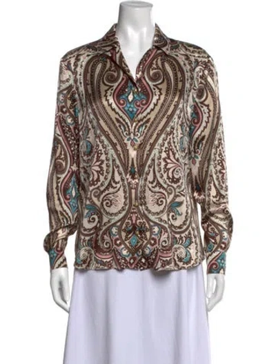 Pre-owned St John Paisley Print Long Sleeve Blouse In Brown