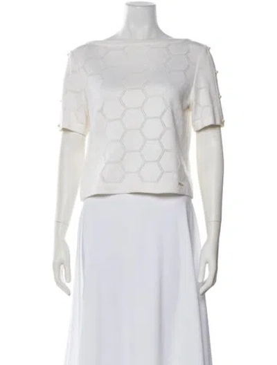 Pre-owned St John Patterned Bateau Neckline Top In White