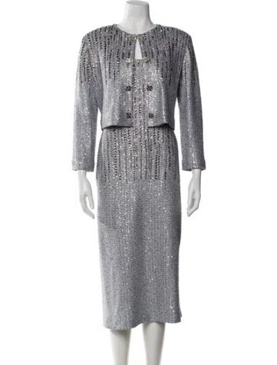 Pre-owned St John Patterned Crystal Embellishments Dress Set In White