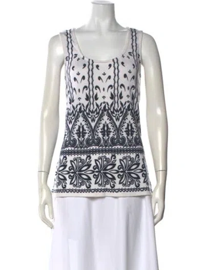Pre-owned St John Patterned Scoop Neck Top In White