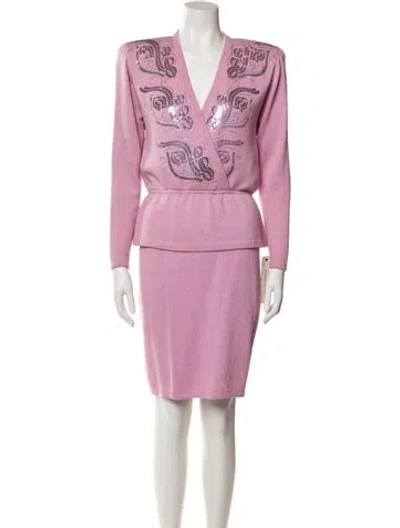 Pre-owned St John Patterned Sequin Embellishments Skirt Set In Pink