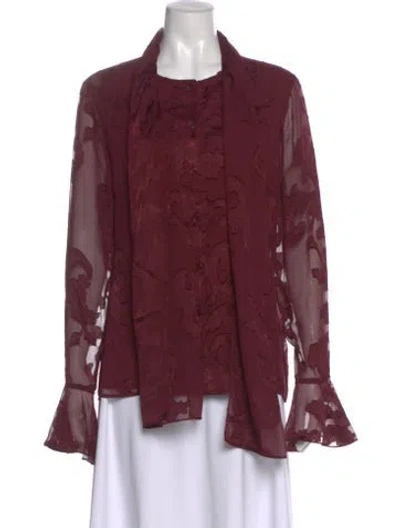 Pre-owned St John Patterned Tie Neck Blouse In Burgundy