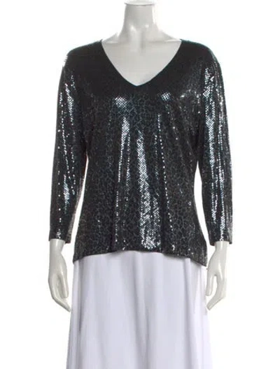 Pre-owned St John Patterned V-neck Top In Green