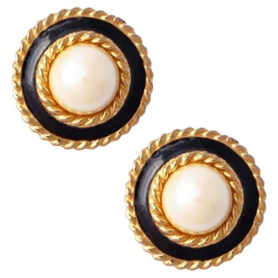 Pre-owned St John Pearl And Black Enamel Button Earrings With Gilt Rope Trim By St. John, 1980s