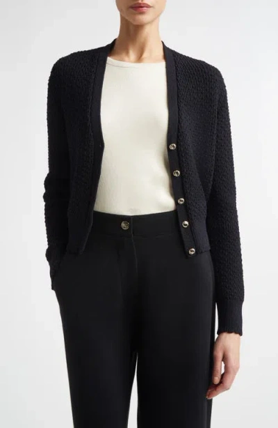 St John St. John Perlé Crepe Wool Blend Cardigan In Black