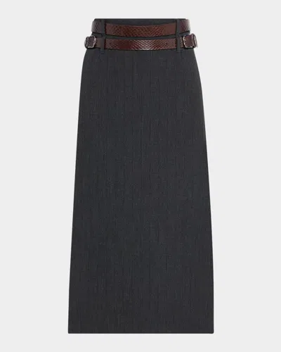 St John Pinstripe Luxe Midi Suiting Skirt With Double Belt In Gray