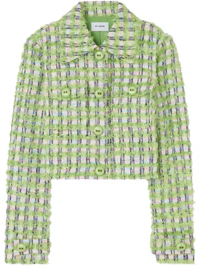 St John Eyelash Plaid Tweed Knit Dress In Cactus/ivory Multi